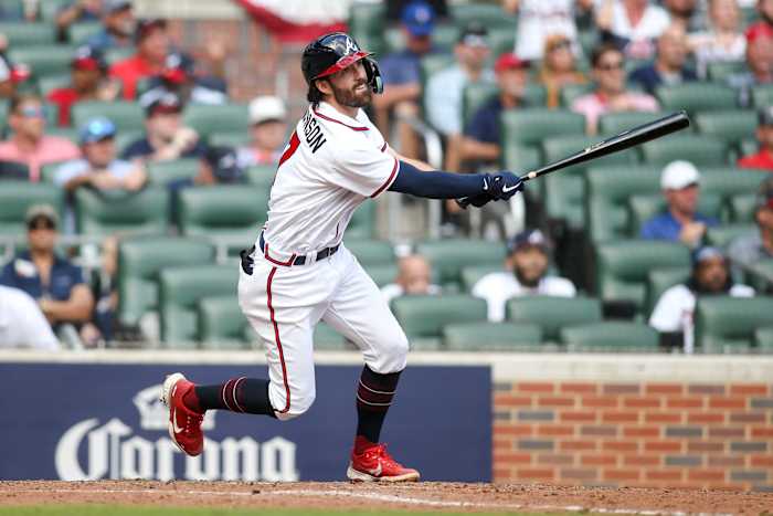 Atlanta shortstop Dansby Swanson watches a ball travel to right field. (2022)